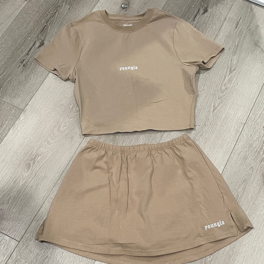 YoungLA Tan Crop Top and Skirt Set